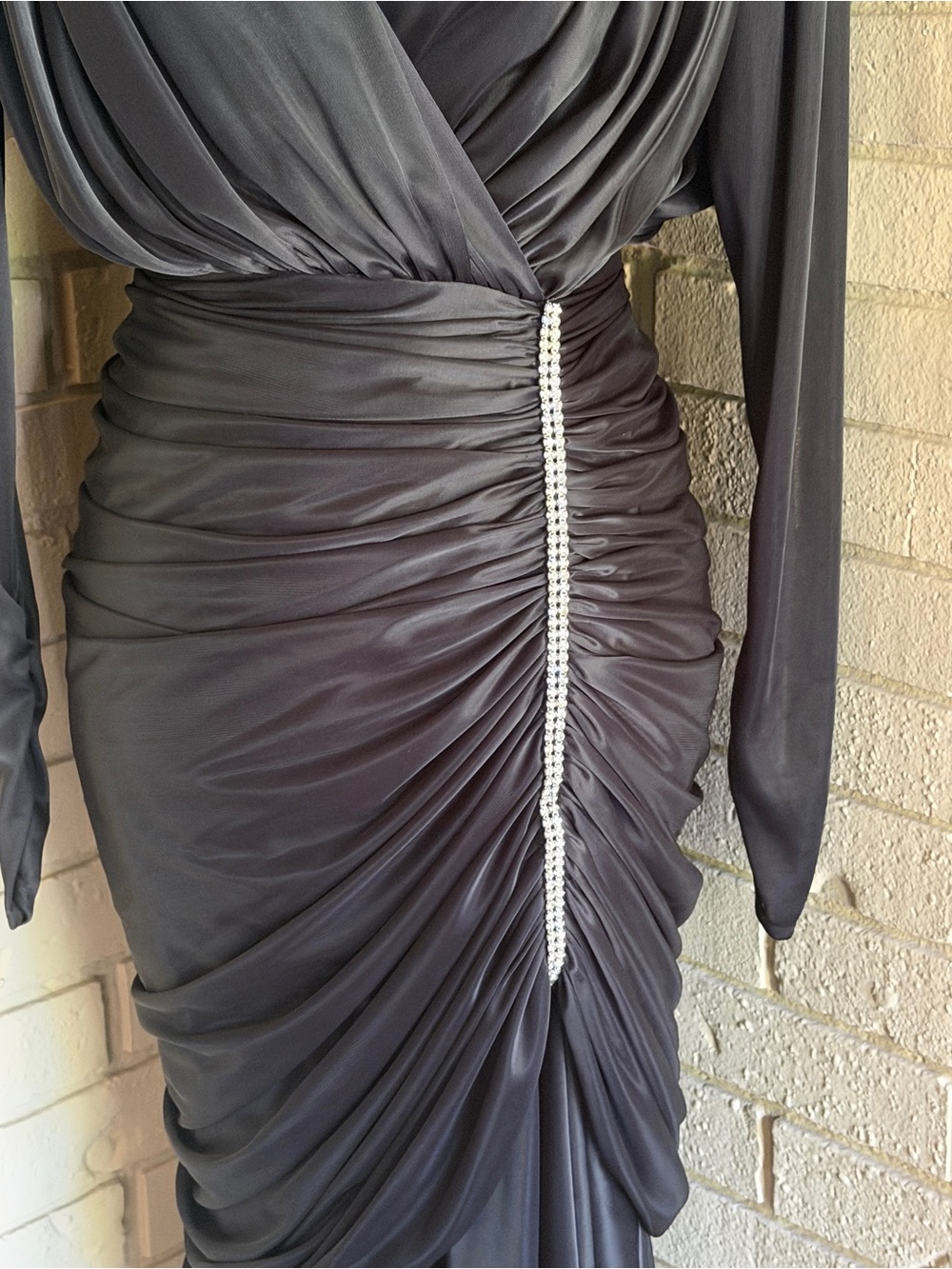 Vtg 90s Susan Roselli VIJACK Black Ruched Diamond Evening Gown Dress 4 Glitzy - Picture 3 of 12